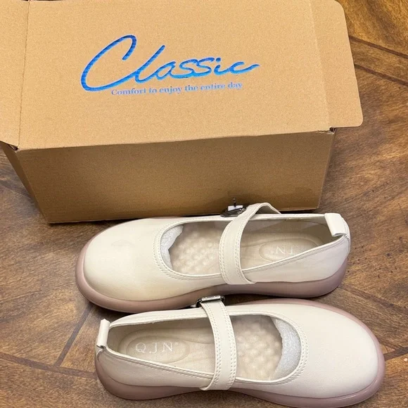 NWT QJN Mary Jane Shoes Women Flat Comfortable leather Casual Ladies beige 8 - Picture 9 of 12